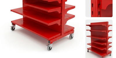 Góndolas metálicas con ruedas para optimización de espacio.